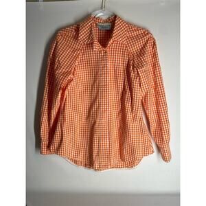 Tish Cox Orange White Gingham Print Button Down Long Sleeve Blouse Size XS